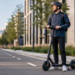 Adult commuter wearing a helmet beside an electric scooter on a protected city route