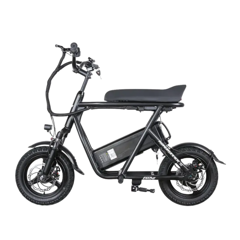 Black EMOVE RoadRunner SE seated electric scooter shown from the side