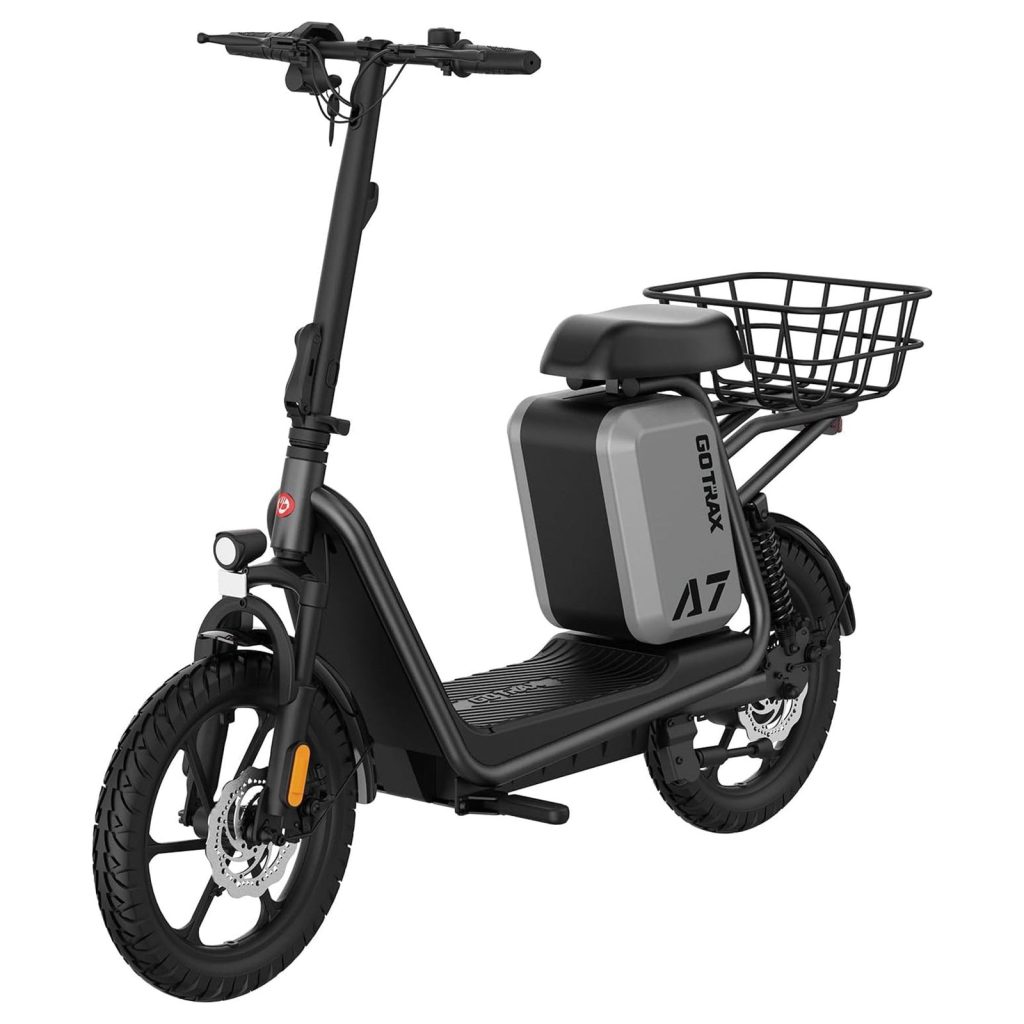 GOTRAX A7 seated electric scooter with rear cargo basket