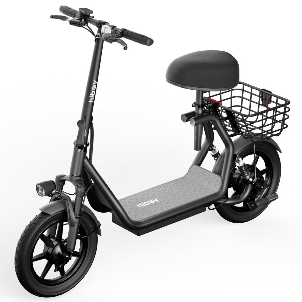 Hiboy U2 seated electric scooter with rear basket and suspension