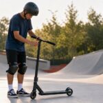 Helmeted rider inspecting a stunt scooter at a concrete skatepark