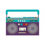 Classic 80s Boombox Portable Cassette Tape Player over white Background.