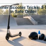 Unbranded stunt scooter at a quiet skatepark with eight progressive skill markers and safety gear