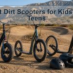 Three unbranded off-road kick scooters with pneumatic tires beside a dirt trail