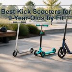 Three unbranded kick scooters sized for nine-year-old riders with helmets