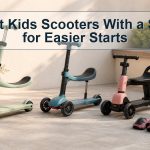 Three convertible toddler scooters with seats beside a helmet and knee pads