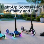Three unbranded kids scooters with glowing wheels arranged with safety gear