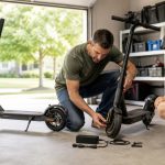 Parent checking brake tire charger and fit on a budget kids electric scooter