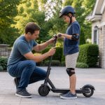 Parent checking electric scooter handlebar fit for a helmeted 10-year-old rider