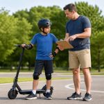 Parent reviewing a pre-ride checklist with a helmeted 11-year-old and electric scooter