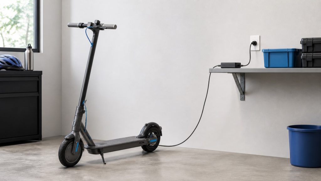 Electric scooter charging in a dry clear area with the correct charger