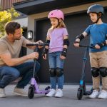 Parent fitting two different electric scooters for two helmeted children of different heights