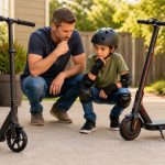 Parent and helmeted child comparing an electric scooter with a kick scooter under a budget