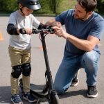 Parent teaching a helmeted beginner how to use electric scooter brake and throttle controls
