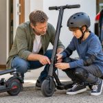 Parent and helmeted child inspecting the safety latch on a foldable electric scooter