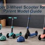 Four unbranded three-wheel scooters showing seated child and growing rider configurations