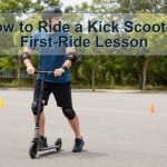 Adult beginner standing safely on an unbranded kick scooter in an empty paved practice area