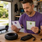Parent comparing kids electric scooter warranty cards replacement parts and charger support