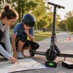 Parent and helmeted child planning a safe private route for a long-range electric scooter