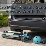 Unbranded premium foldable three-wheel kids scooter beside a compact car trunk