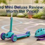 Teal preschool three-wheel scooter and child helmet on a safe patio