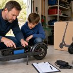 Parent inspecting the battery brakes and charger on a used kids electric scooter beside a new model