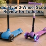 Two unbranded toddler three-wheel scooters with different steering designs