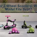 Four unbranded junior three-wheel scooters with standing seated and folding designs