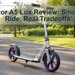 Unbranded silver and purple big-wheel kick scooter on a park path