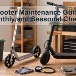 Unbranded kick and electric scooters beside a monthly maintenance checklist setup