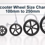 Unbranded scooter wheels arranged from 100 to 250 millimeters beside matching scooter silhouettes