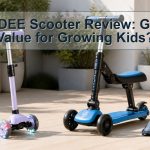 Two unbranded three-wheel kids scooters with standing and seated designs