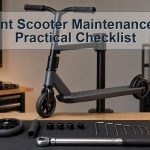 Unbranded stunt scooter and organized inspection tools on a clean workshop bench