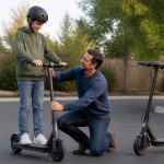 Parent checking the fit of a folding teen electric scooter under three hundred dollars