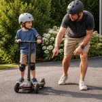 Parent teaching a helmeted child lean steering on a three-wheel electric scooter