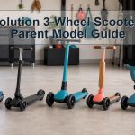 Five unbranded three-wheel kids scooters showing lightweight folding and seated configurations